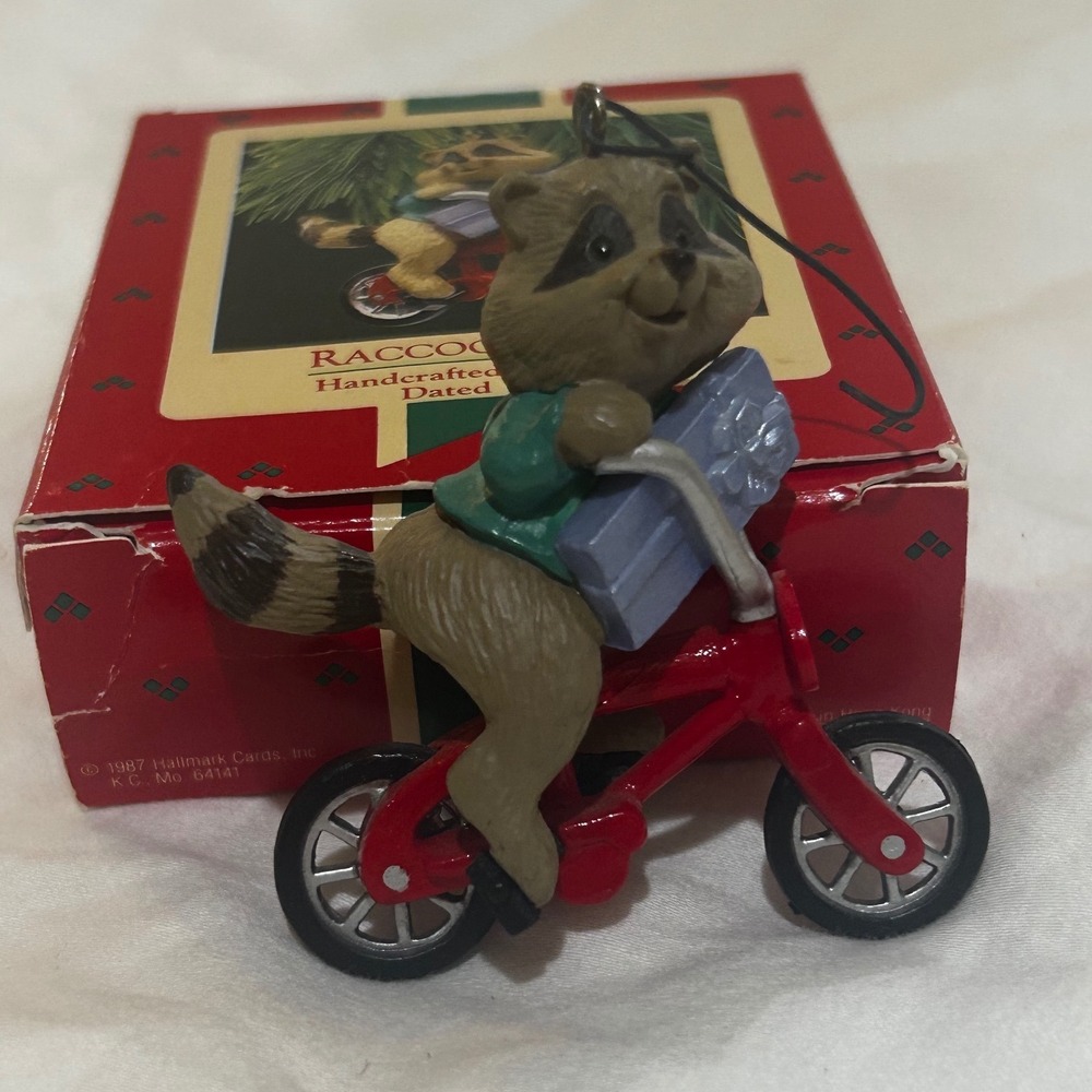 1987 Hallmark Keepsake Ornament Raccoon Biker Red Bicycle Vintage Nostalgia
